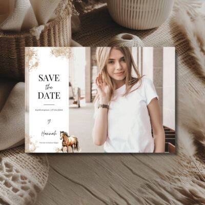 Hest | Save the date kort konfirmation vandret