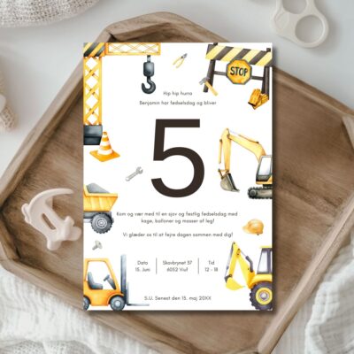 Byggemaskiner | Invitation børnefødselsdag m. tal