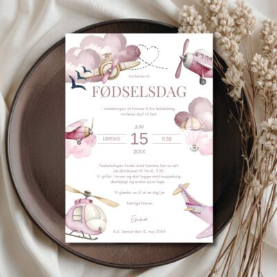 Flyvemaskine rosa | Invitation børnefødselsdag