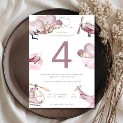 Flyvemaskine rosa | Invitation børnefødselsdag m. tal