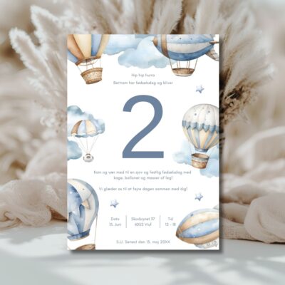 Luftballon blå | Invitation børnefødselsdag m. tal