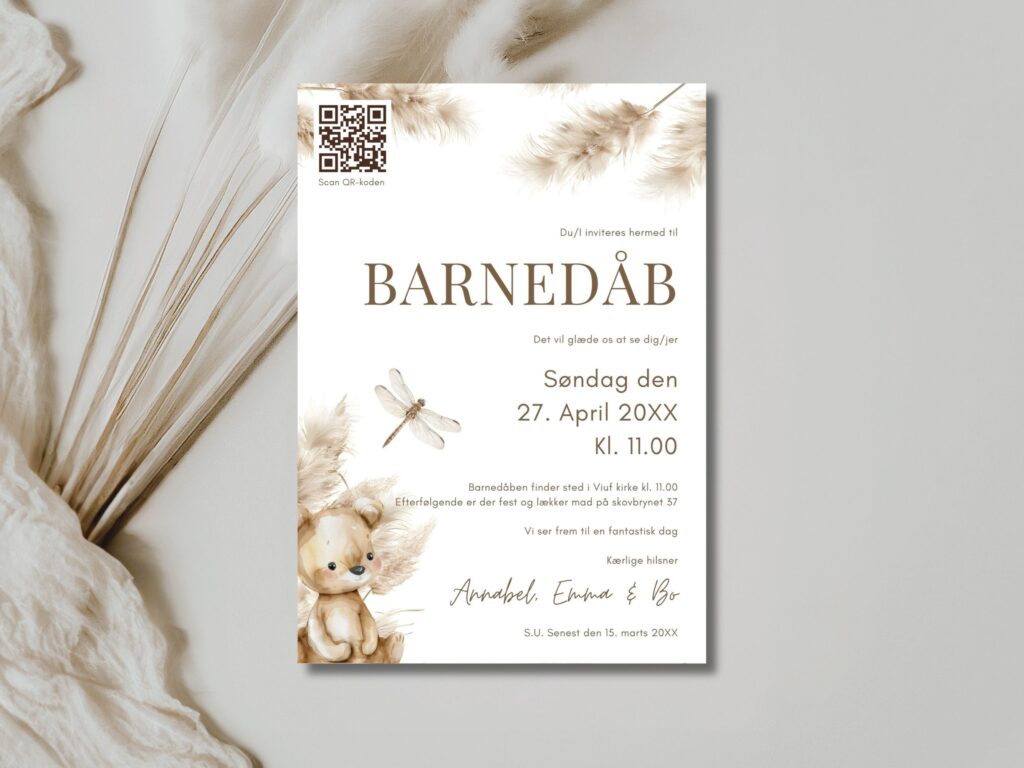 Invitation til barnedåb eller navngivning | Pampasgræs og bamse