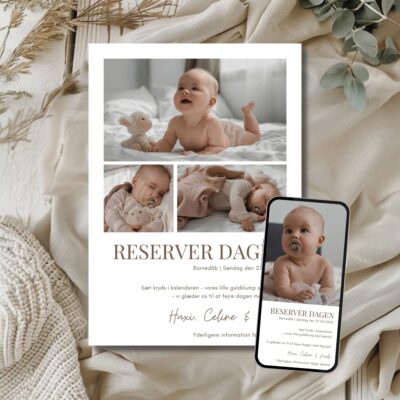 Hvid | Save the date kort barnedåb kombi