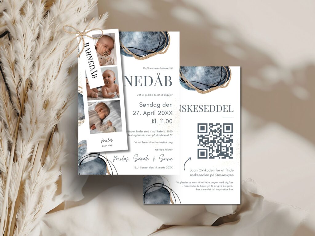 Invitation til barnedåb | Blå og guld tema | Redigerbar invitation