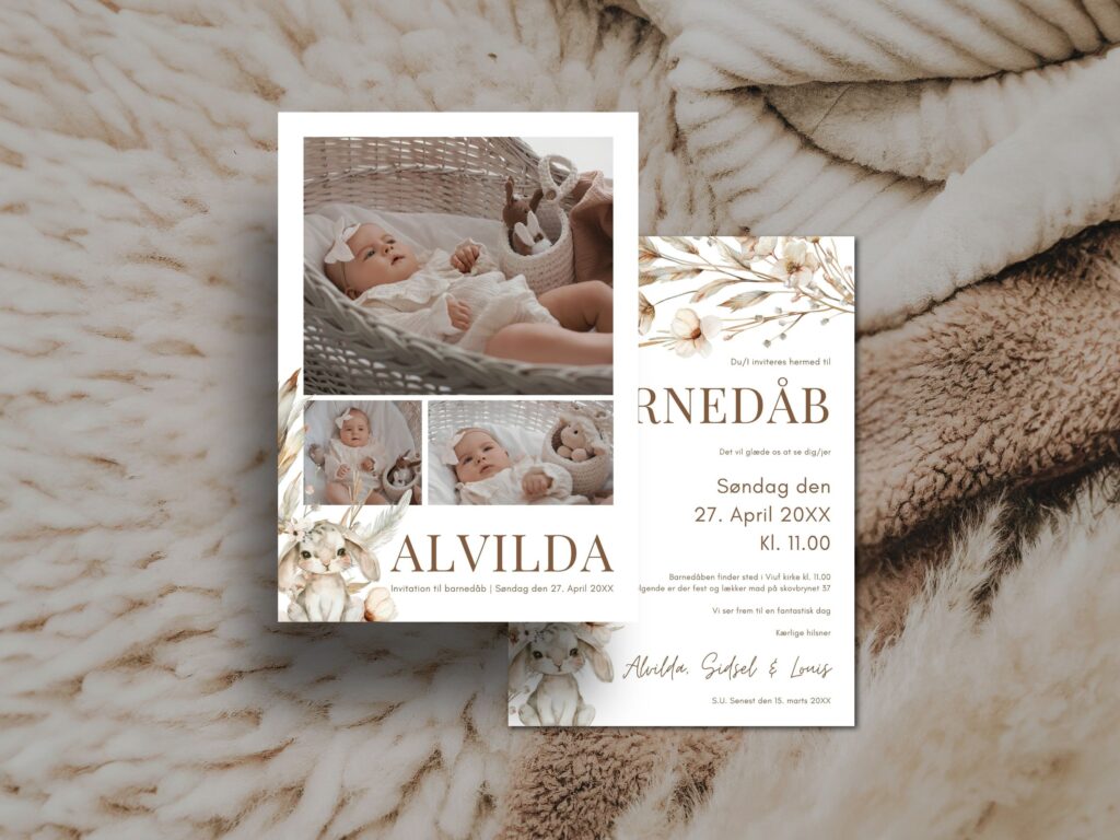 Invitation til barnedåb eller navnefest | Sød kanin | Redigerbar